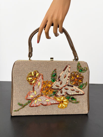 1960s Caron of Houston Hand Decorated Butterfly Handbag