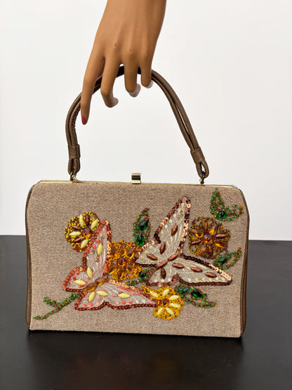 1960s Caron of Houston Hand Decorated Butterfly Handbag