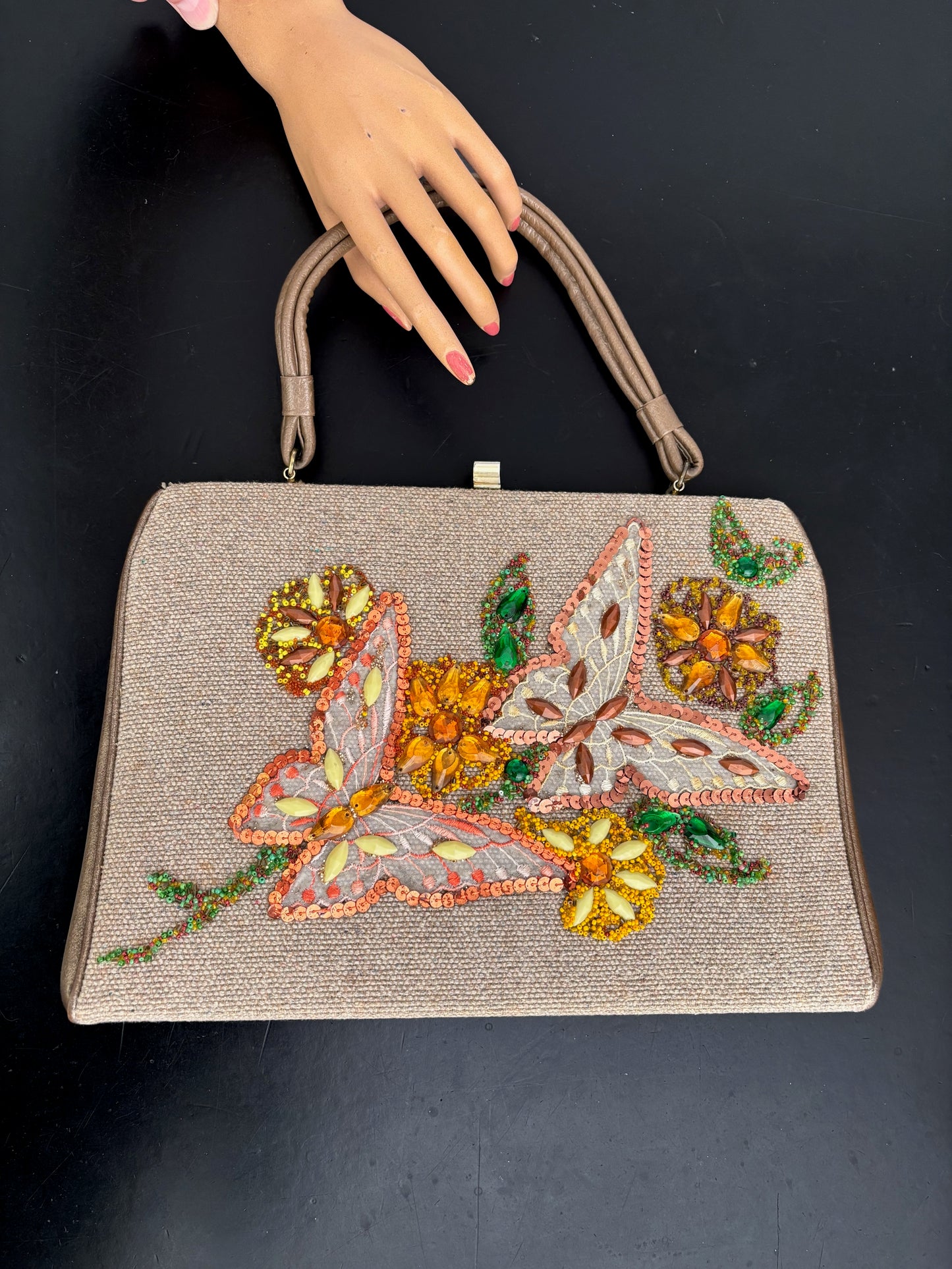 1960s Caron of Houston Hand Decorated Butterfly Handbag