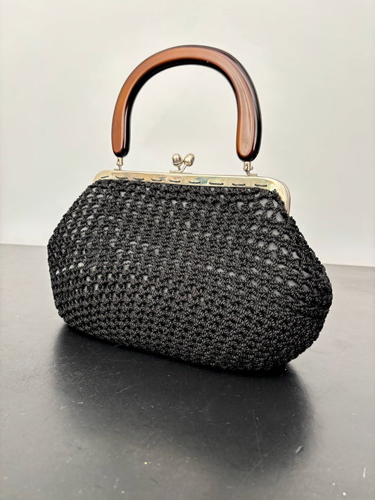 1950s Black Crochet Handbag with Brown Plastic Handle