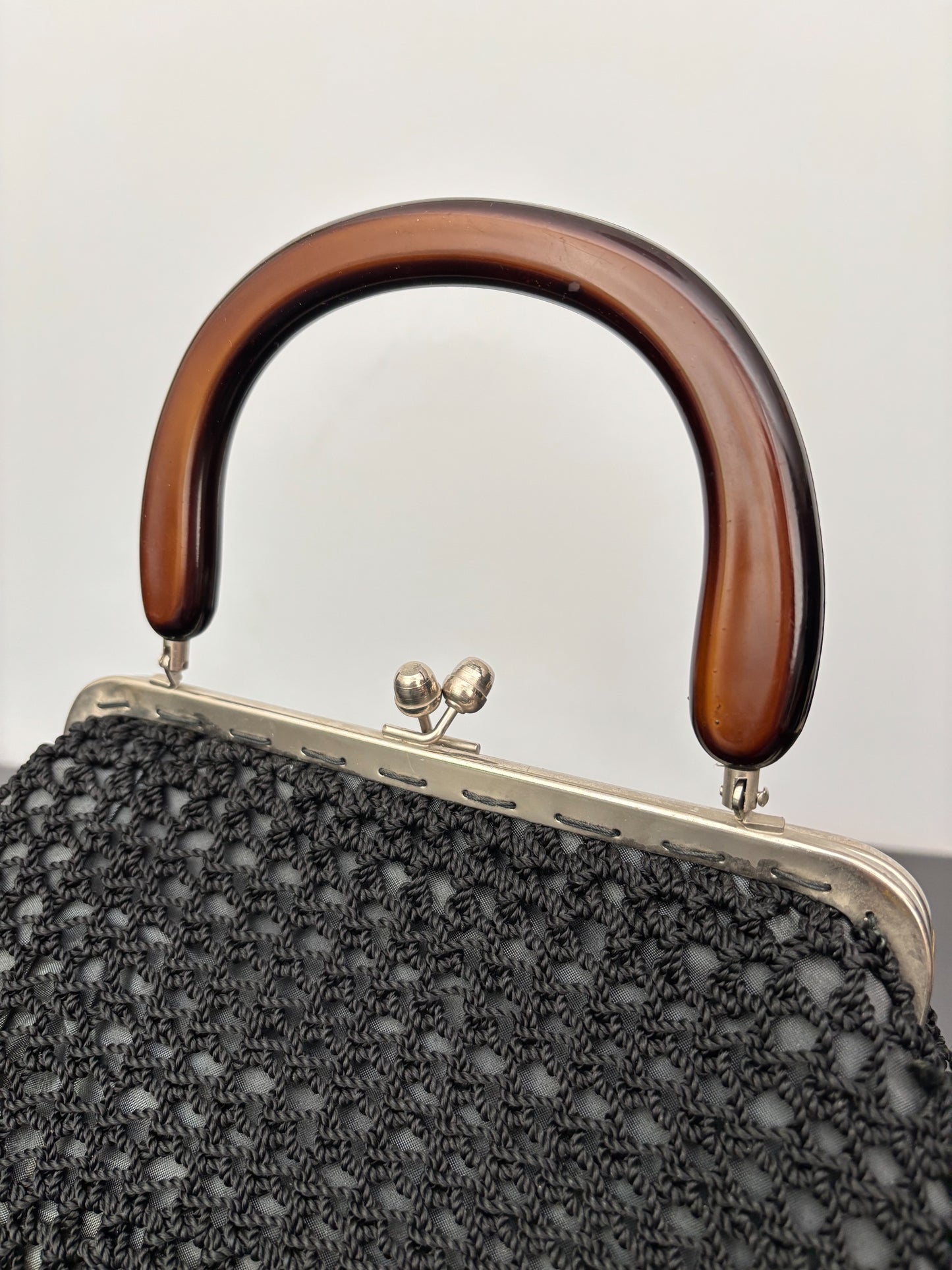 1950s Black Crochet Handbag with Brown Plastic Handle