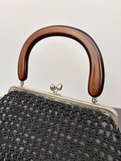 1950s Black Crochet Handbag with Brown Plastic Handle
