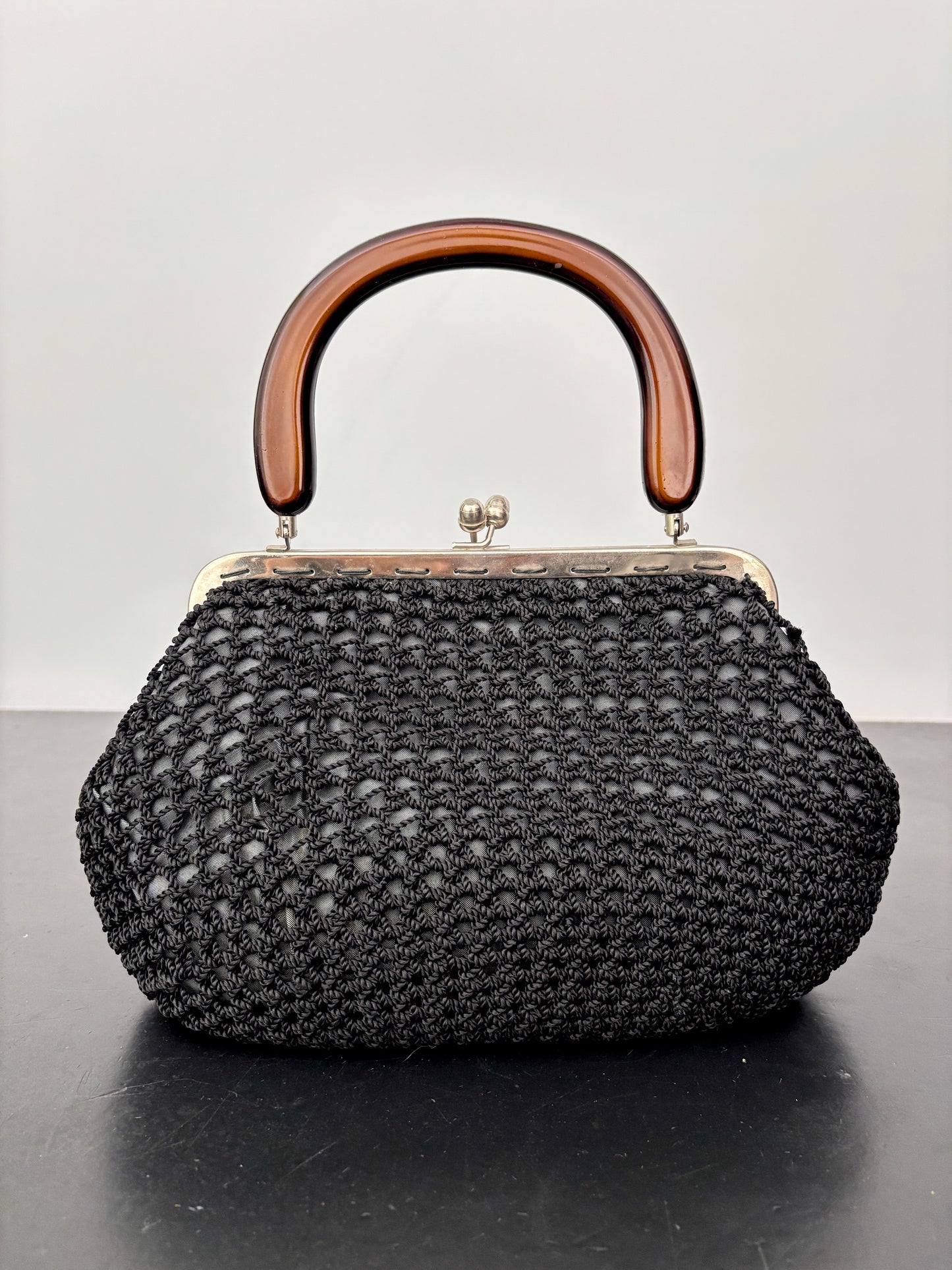 1950s Black Crochet Handbag with Brown Plastic Handle