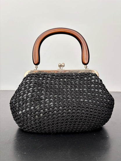 1950s Black Crochet Handbag with Brown Plastic Handle