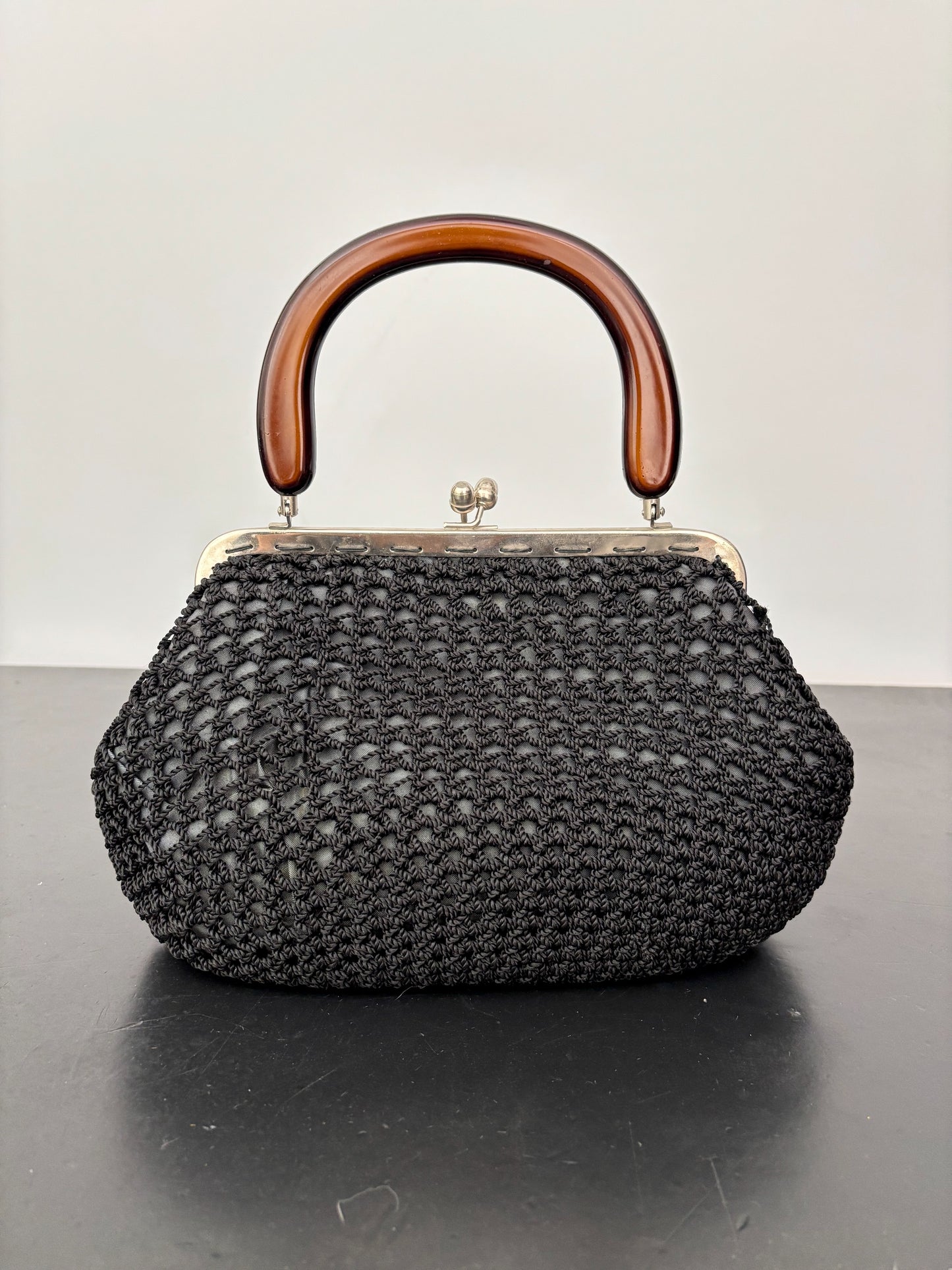 1950s Black Crochet Handbag with Brown Plastic Handle