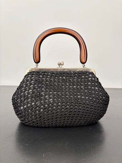 1950s Black Crochet Handbag with Brown Plastic Handle
