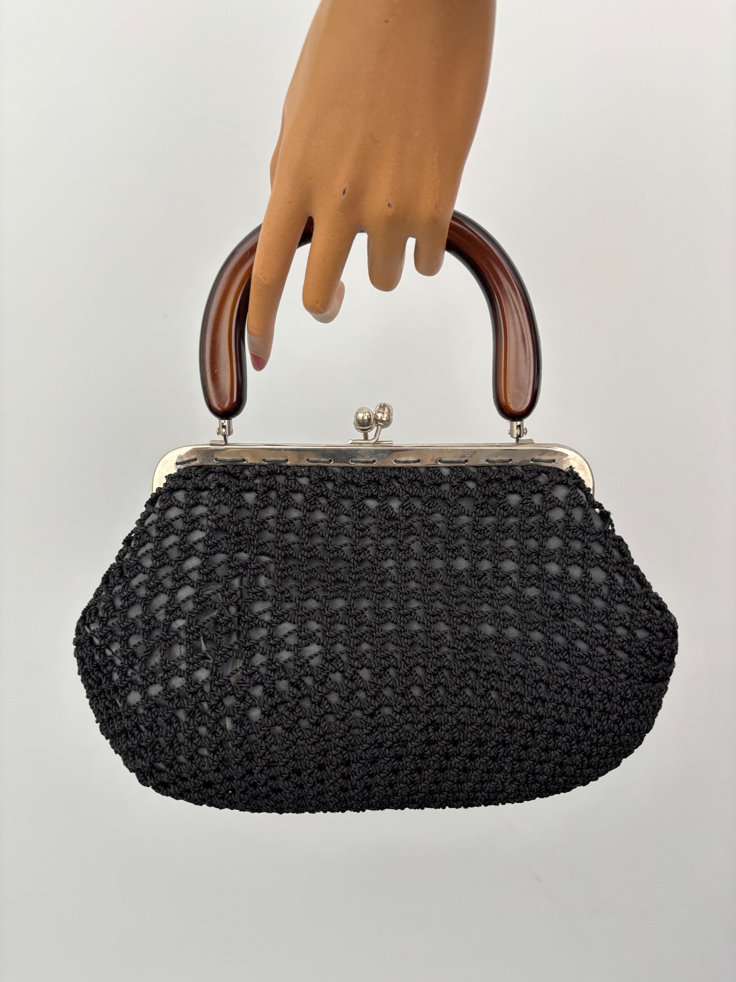 1950s Black Crochet Handbag with Brown Plastic Handle