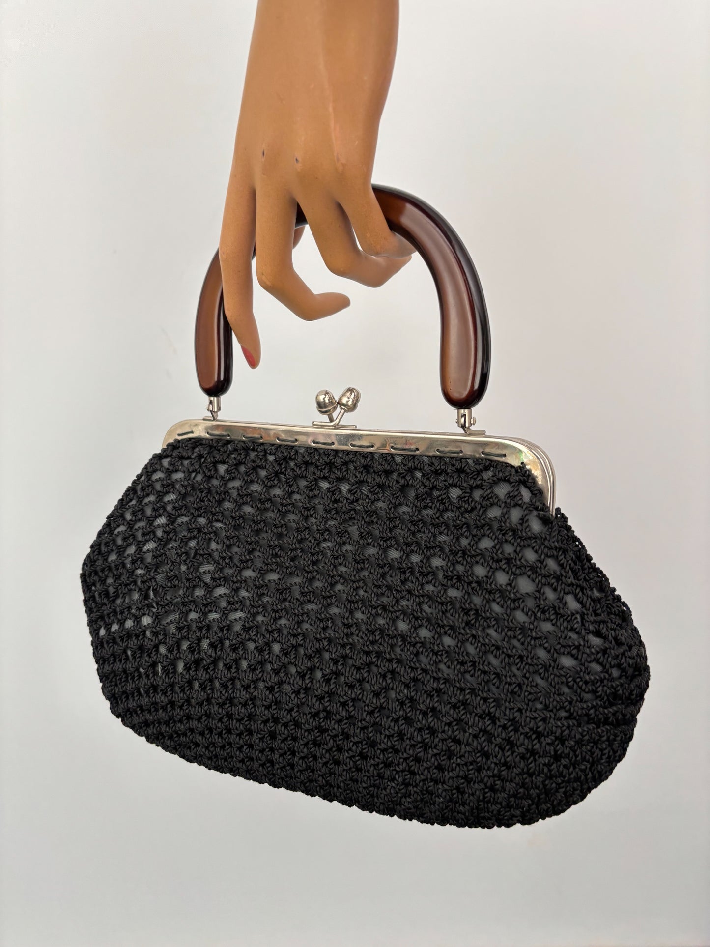 1950s Black Crochet Handbag with Brown Plastic Handle