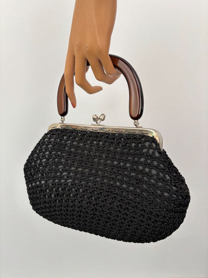 1950s Black Crochet Handbag with Brown Plastic Handle