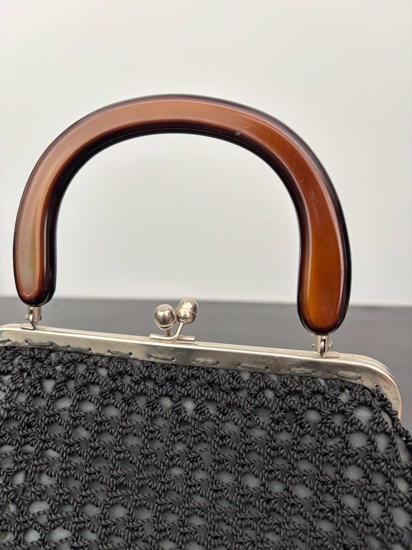 1950s Black Crochet Handbag with Brown Plastic Handle