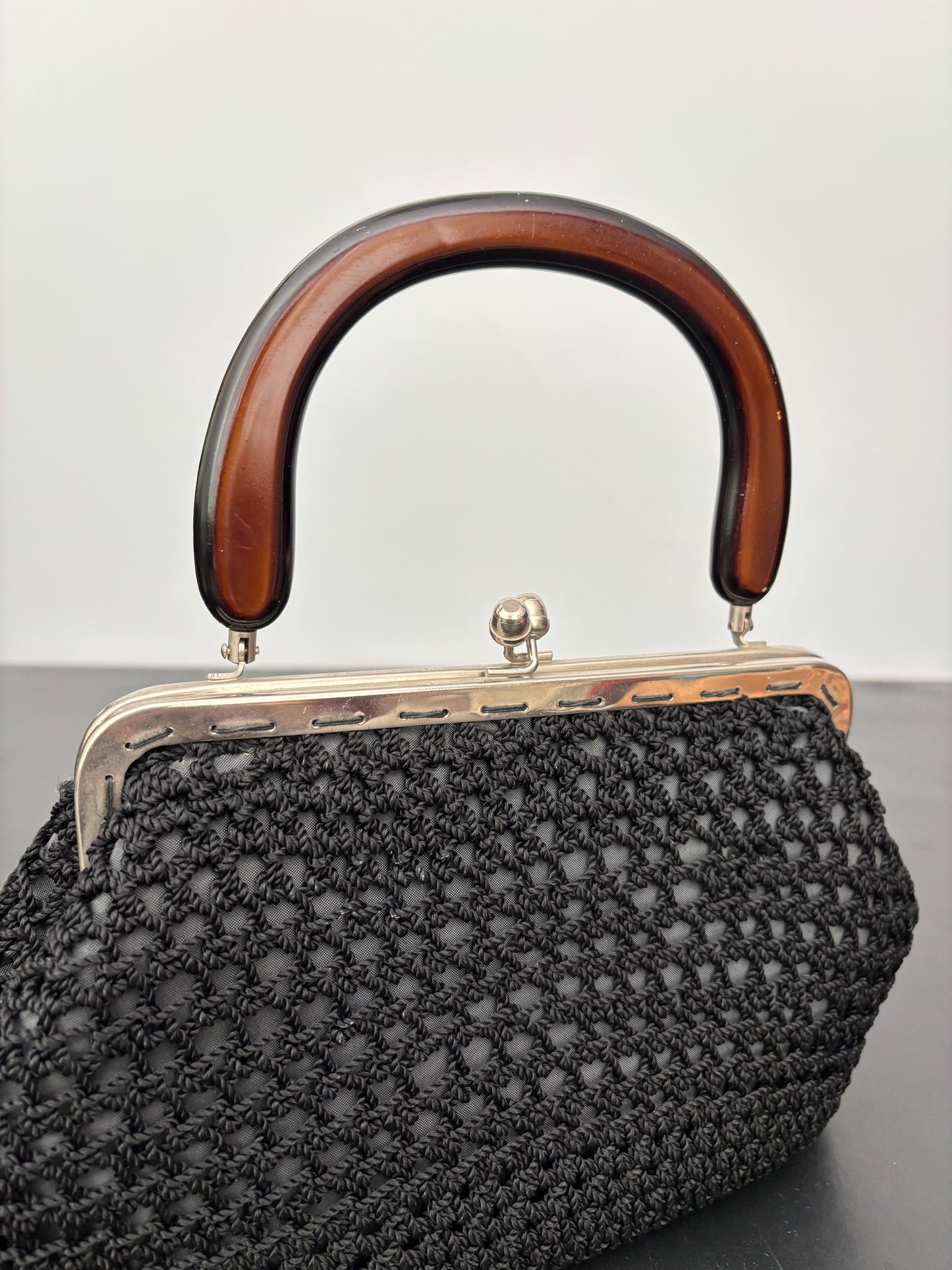 1950s Black Crochet Handbag with Brown Plastic Handle