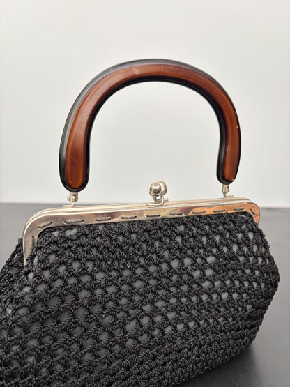 1950s Black Crochet Handbag with Brown Plastic Handle