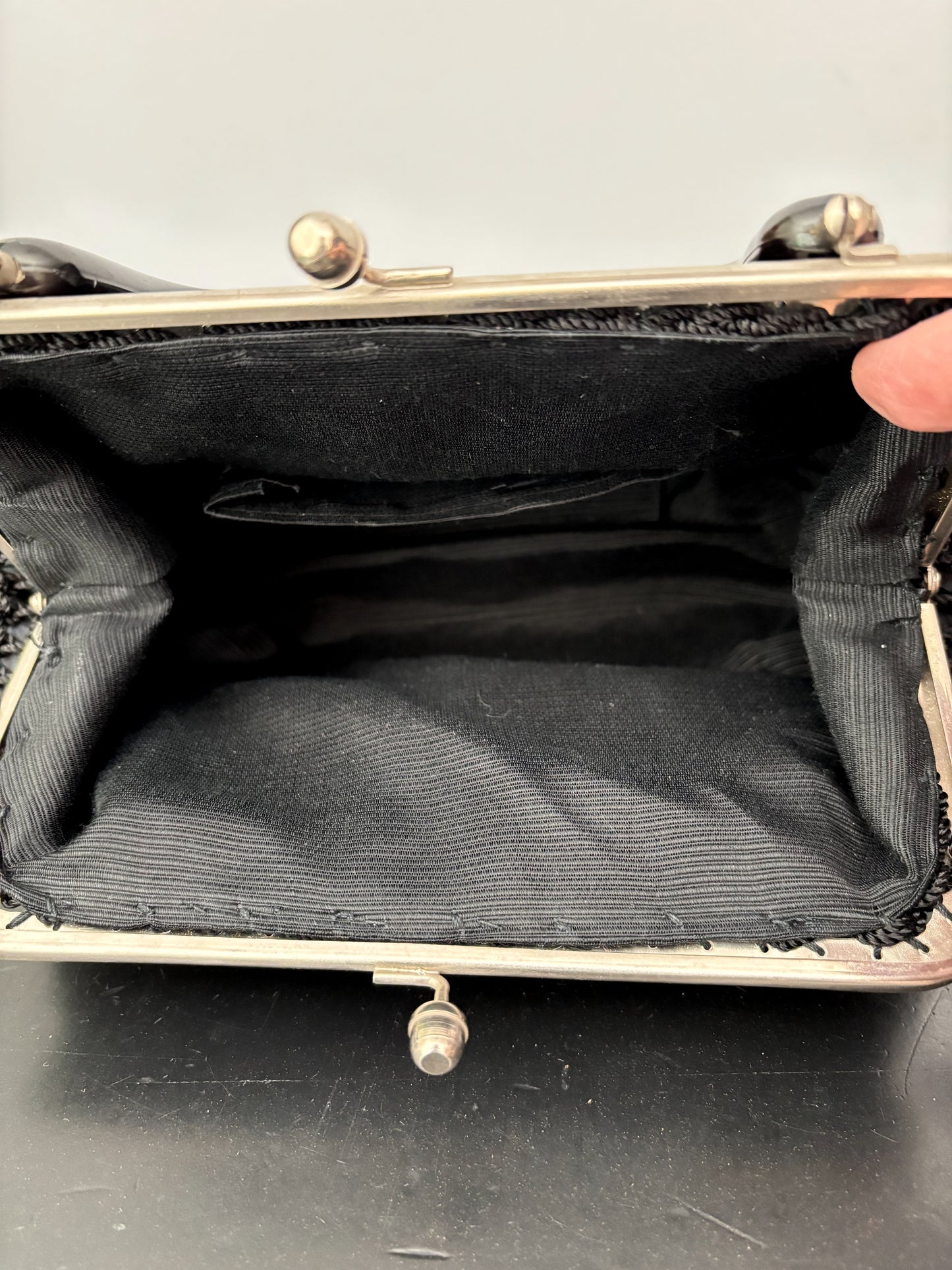 1950s Black Crochet Handbag with Brown Plastic Handle