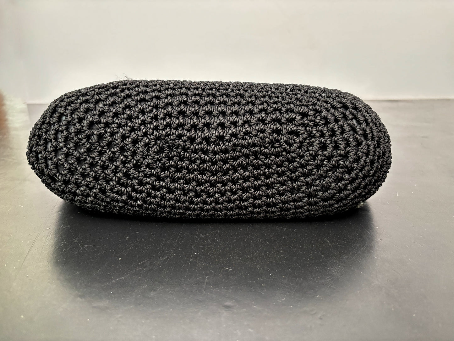 1950s Black Crochet Handbag with Brown Plastic Handle