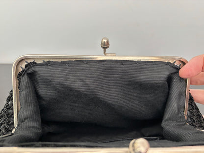 1950s Black Crochet Handbag with Brown Plastic Handle
