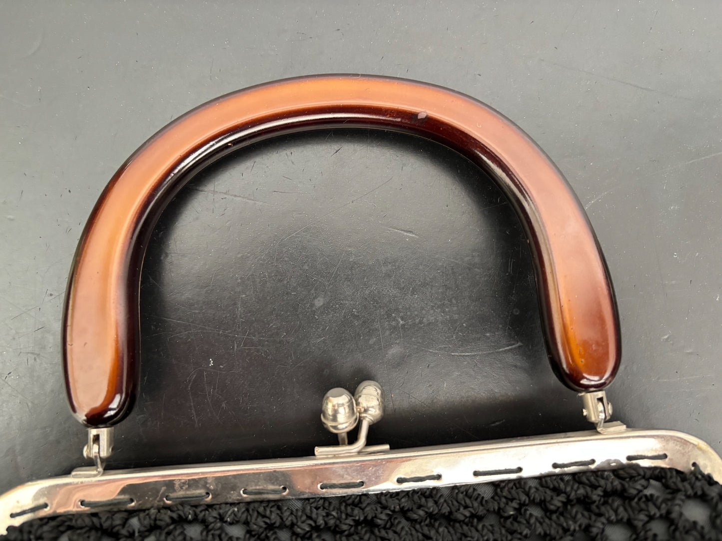 1950s Black Crochet Handbag with Brown Plastic Handle