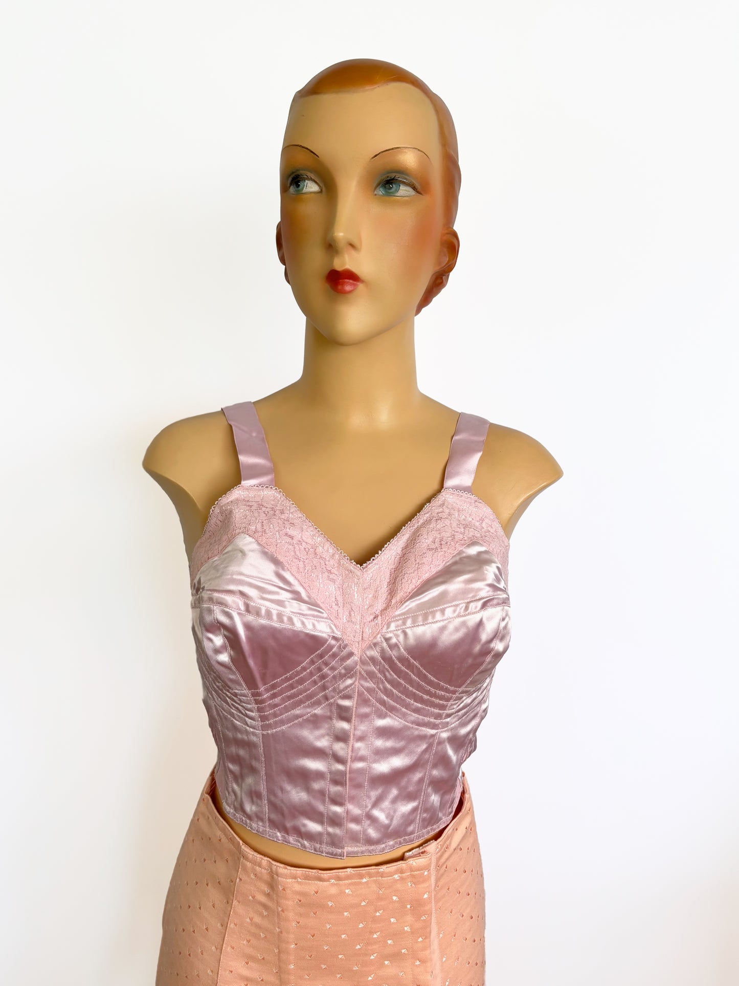 1950s NOS Pink Satin Long-Line Bra Corset