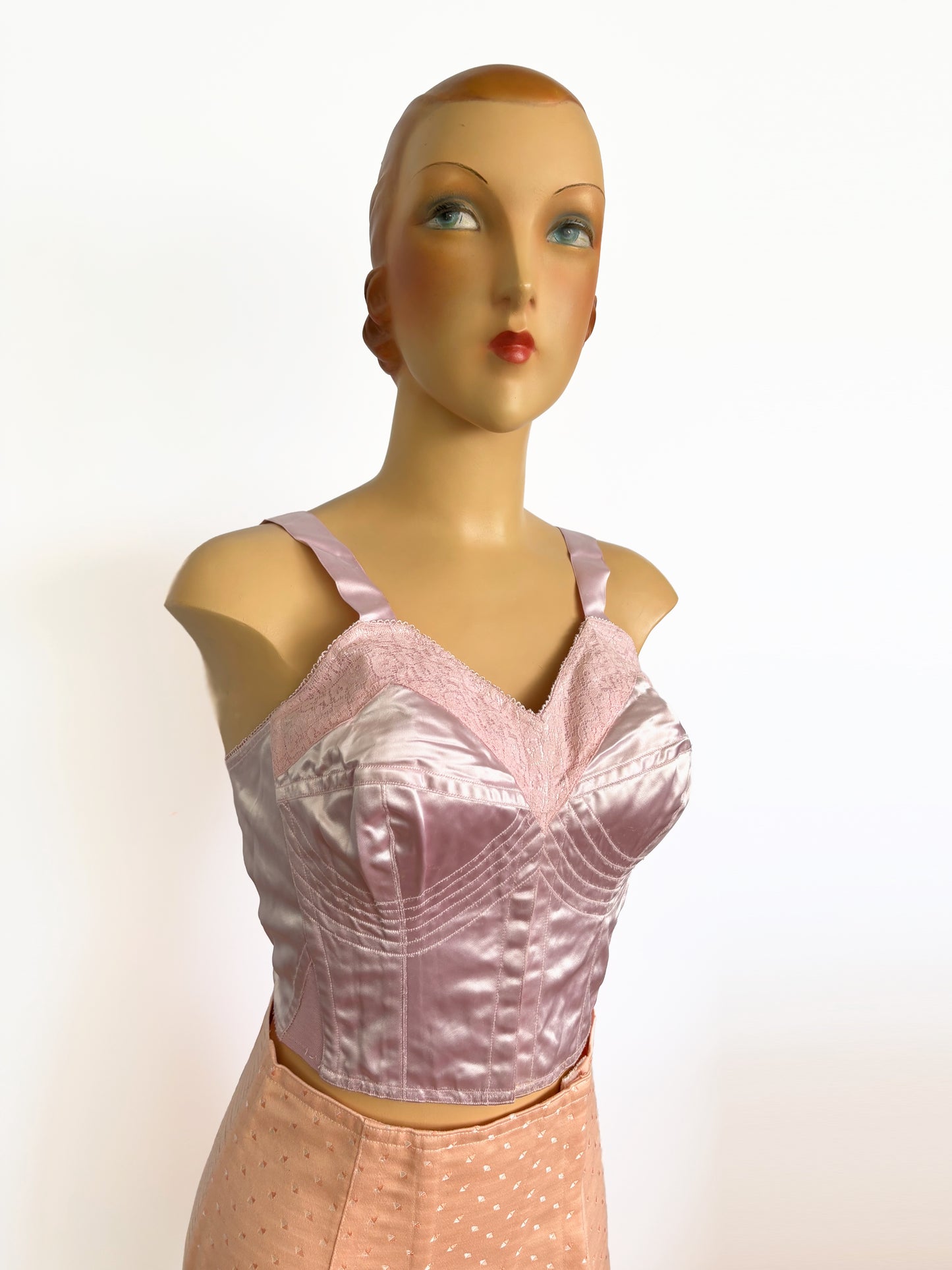 1950s NOS Pink Satin Long-Line Bra Corset