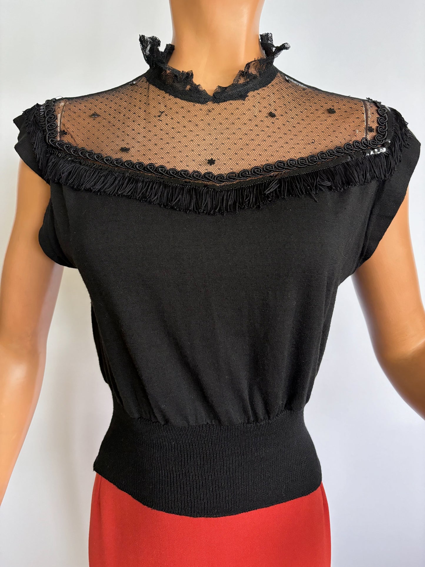 1950s Wool Jersey Mesh Soutache Fringe Top | S/M