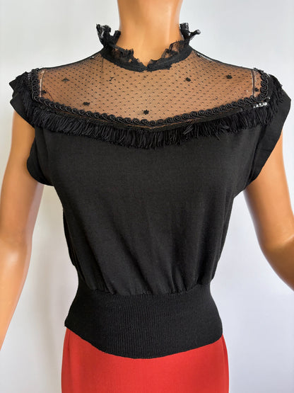 1950s Wool Jersey Mesh Soutache Fringe Top | S/M