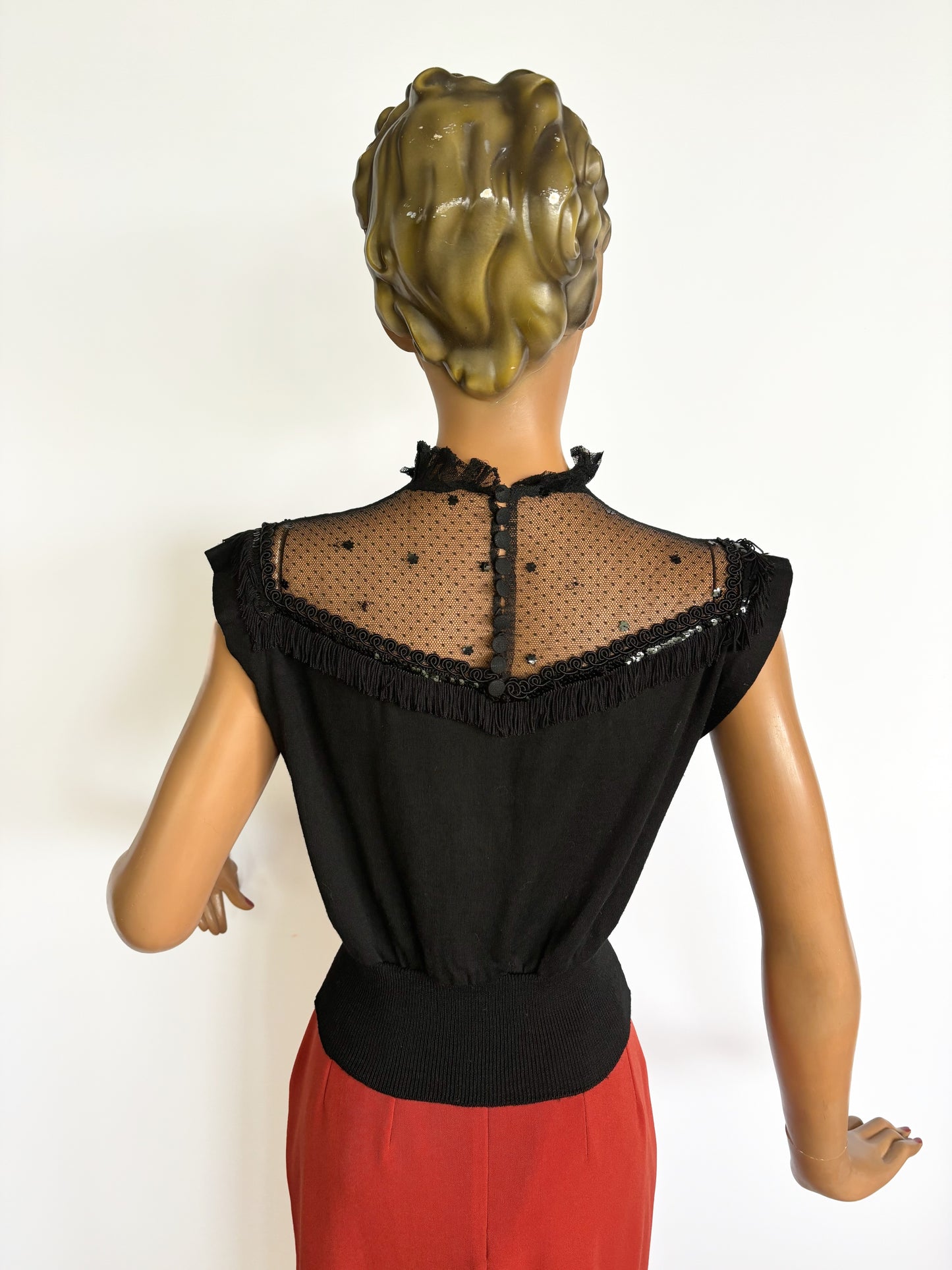 1950s Wool Jersey Mesh Soutache Fringe Top | S/M