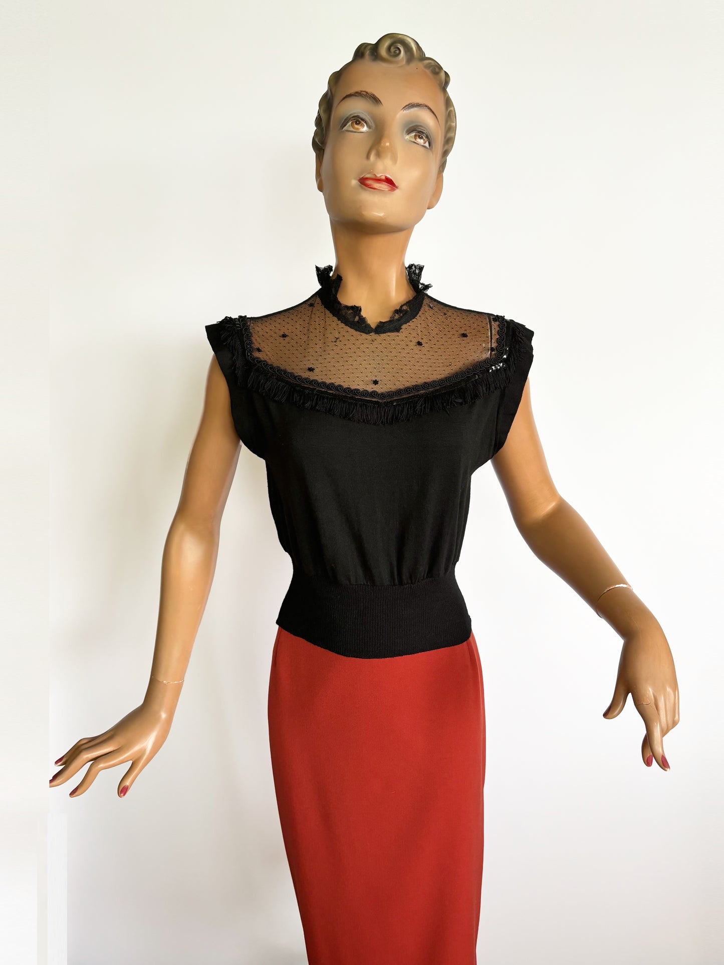 1950s Wool Jersey Mesh Soutache Fringe Top | S/M