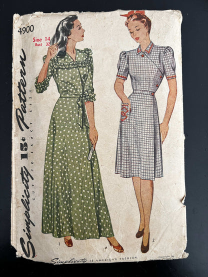 1943 Size 14 Women's House Dress and Housecoat - Simplicity 4900 Sewing Pattern
