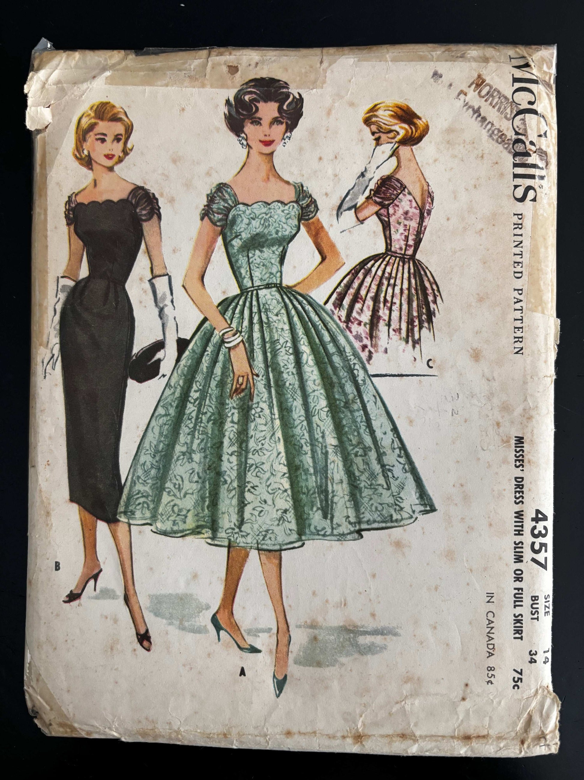 1957 Size 14 Women's Dress With Slim Or Full Skirt – McCall’s 4357 Sewing Pattern