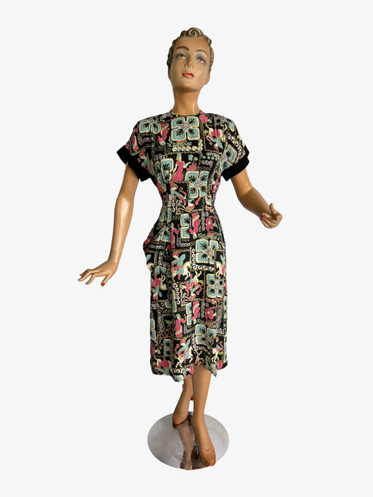 1940s Persian Novelty Print Dress  | Size Small