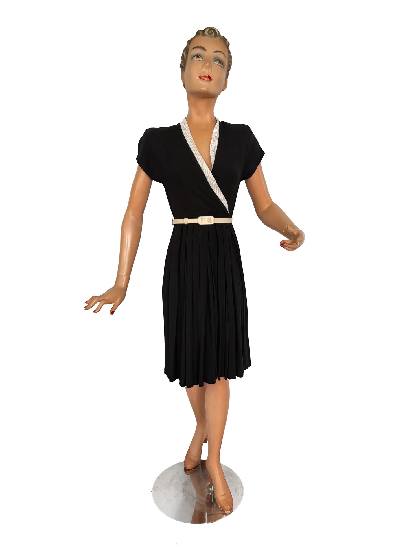 XXS/XS | 1930s/1940s Black Crepe Dress With White Organza Trim