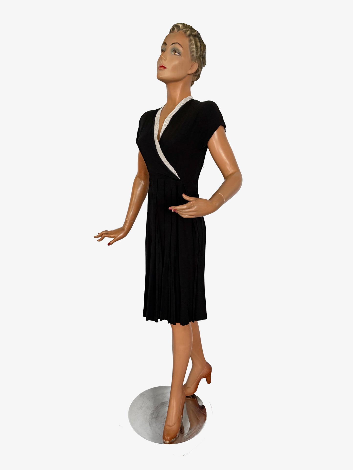 XXS/XS | 1930s/1940s Black Crepe Dress With White Organza Trim