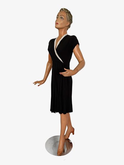 XXS/XS | 1930s/1940s Black Crepe Dress With White Organza Trim