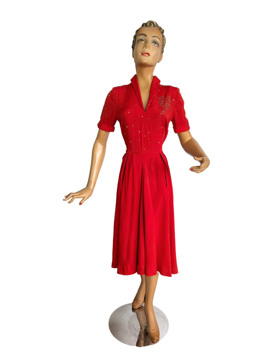 1940s Crepe Rayon Rhinestone Dress  | Size Small