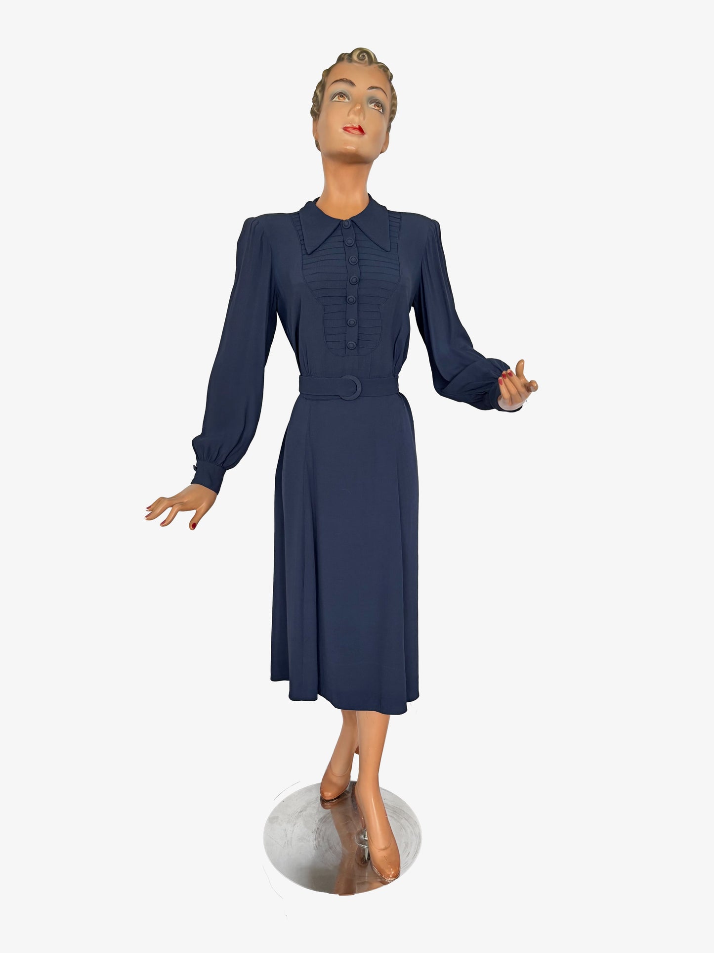 XL | 1940s Navy Crepe Dress With Pintuck Front