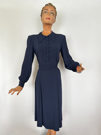 XL | 1940s Navy Crepe Dress With Pintuck Front