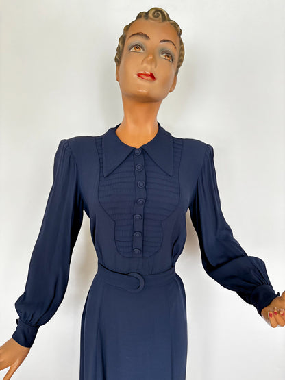 XL | 1940s Navy Crepe Dress With Pintuck Front