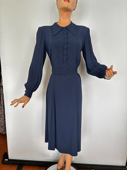 XL | 1940s Navy Crepe Dress With Pintuck Front