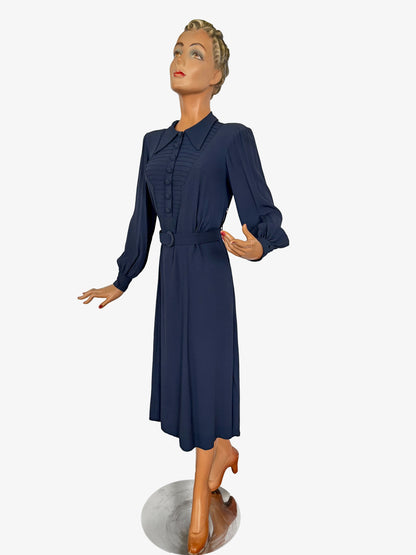 XL | 1940s Navy Crepe Dress With Pintuck Front