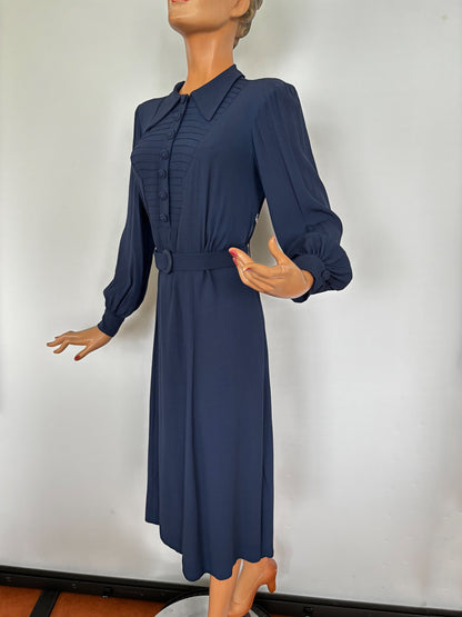 XL | 1940s Navy Crepe Dress With Pintuck Front