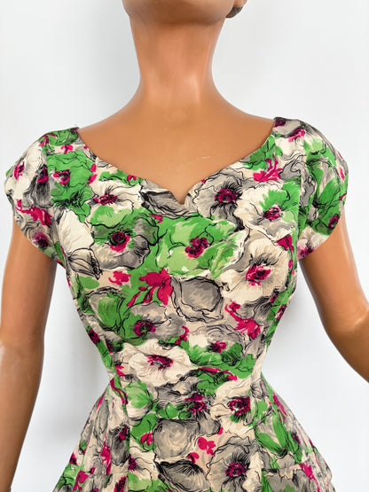 M | 1950s Silk Floral Dress