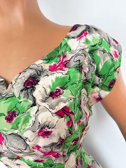 M | 1950s Silk Floral Dress