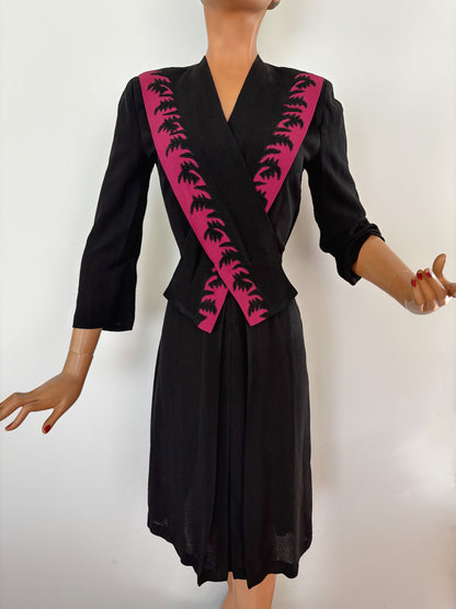 S | 1940s Black Crepe Dress With Deep Pink Cut-Out Appliqué