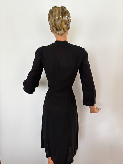 S | 1940s Black Crepe Dress With Deep Pink Cut-Out Appliqué
