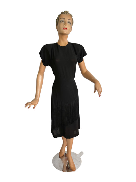 1940s Black Crepe Fringe Dress | Size Small/Medium