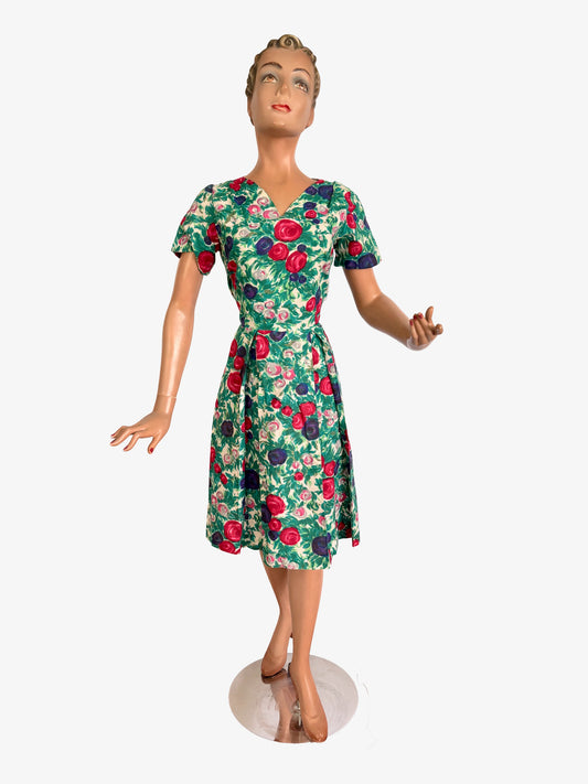 L | 1950s Floral Rose Print Wool Dress