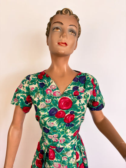 L | 1950s Floral Rose Print Wool Dress