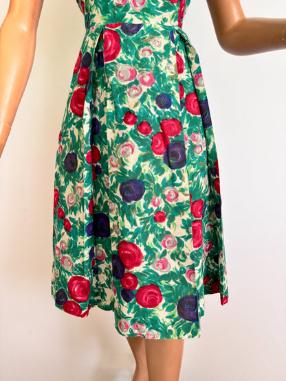 L | 1950s Floral Rose Print Wool Dress