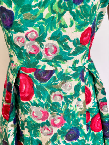 L | 1950s Floral Rose Print Wool Dress