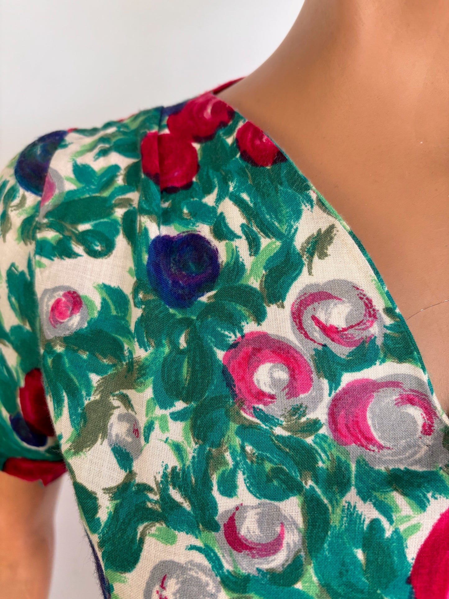 L | 1950s Floral Rose Print Wool Dress