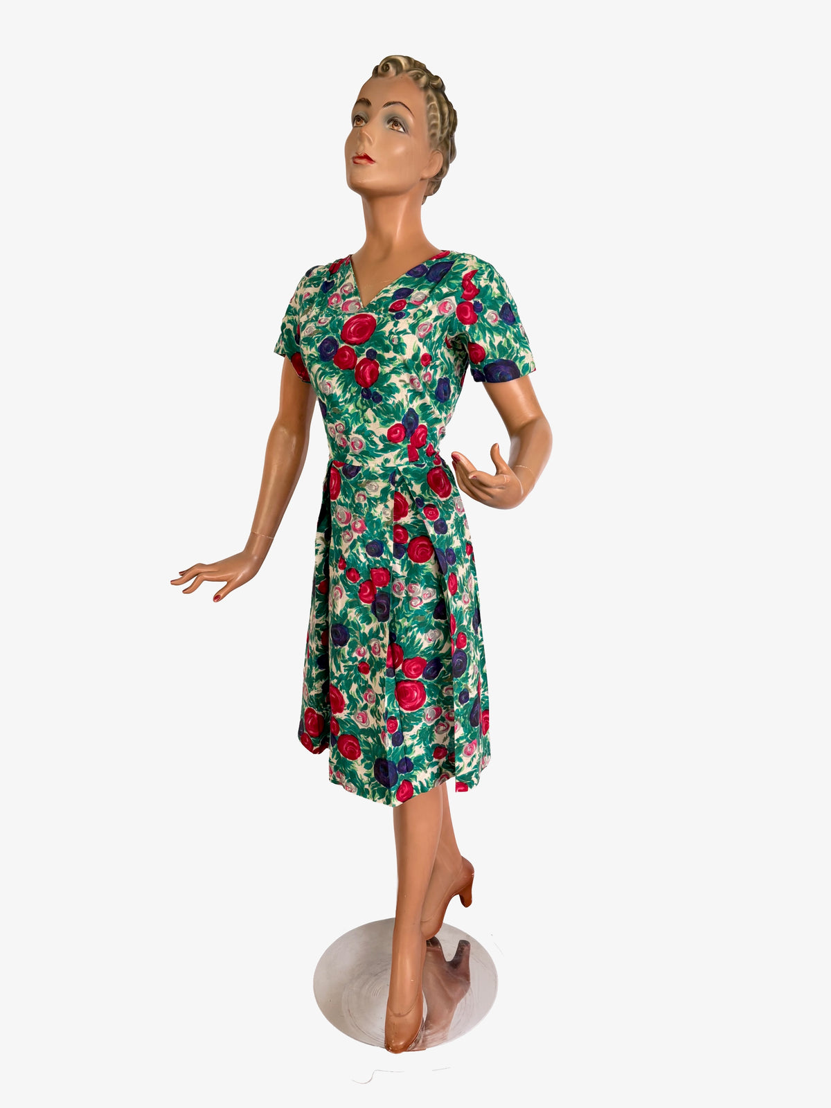 L | 1950s Floral Rose Print Wool Dress